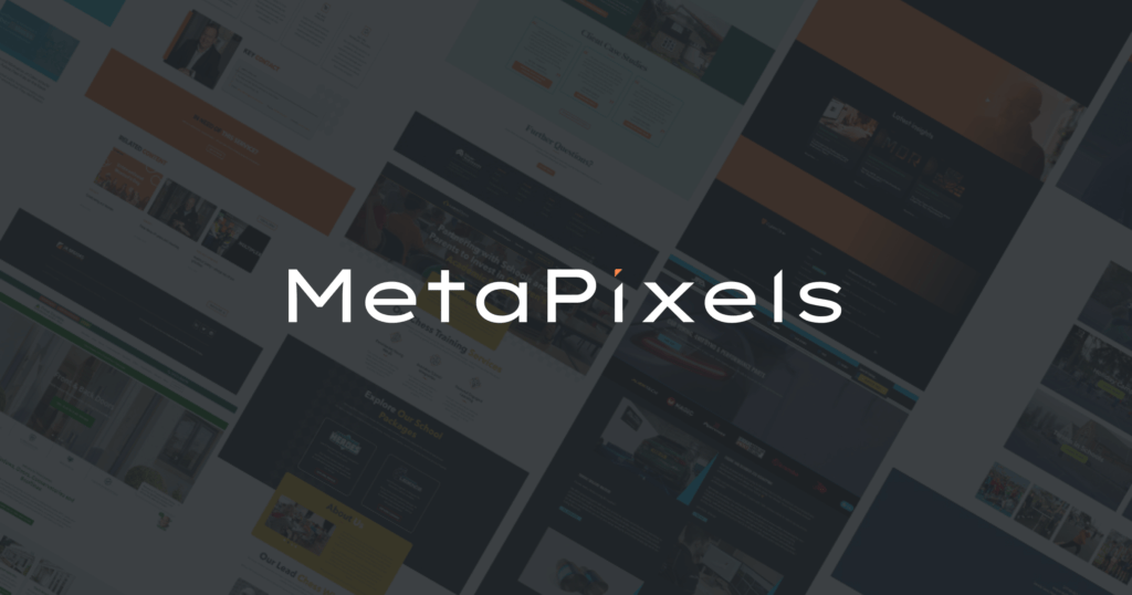 MetaPixels brand logo with a background displaying mockups of websites.